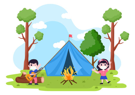 Happy Summer Camp in the Mountain for Expedition, Travel, Explore and Outdoor Recreation. Landscape Background Illustrationのイラスト素材