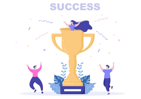 Success Vector Illustration Of Achieving Vision, Goal, Planning, Target, Strategy, Action, Consistency To Success. Landing Page Templateのイラスト素材