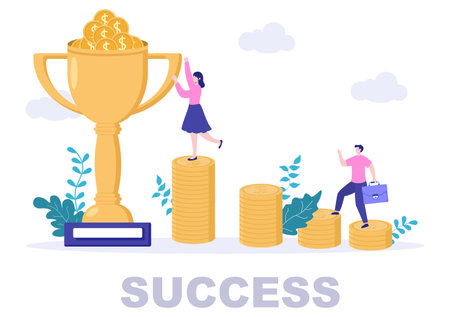 Success Vector Illustration Of Achieving Vision, Goal, Planning, Target, Strategy, Action, Consistency To Success. Landing Page Templateのイラスト素材