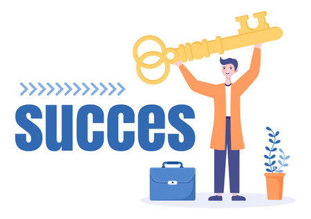 Success Vector Illustration Of Achieving Vision, Goal, Planning, Target, Strategy, Action, Consistency To Success. Landing Page Templateのイラスト素材