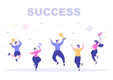 Success Vector Illustration Of Achieving Vision, Goal, Planning, Target, Strategy, Action, Consistency To Success. Landing Page Templateのイラスト素材