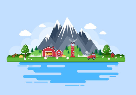 Cute Cartoon Farm Animals Vector Illustration With Cow, Horse, Chicken, Duck, or Sheep. For Postcard, Background, Wallpaper, and Posterのイラスト素材