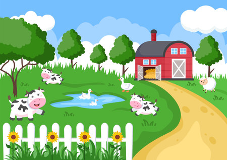 Cute Cartoon Farm Animals Vector Illustration With Cow, Horse, Chicken, Duck, or Sheep. For Postcard, Background, Wallpaper, and Posterのイラスト素材