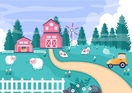 Cute Cartoon Farm Animals Vector Illustration With Cow, Horse, Chicken, Duck, or Sheep. For Postcard, Background, Wallpaper, and Posterのイラスト素材