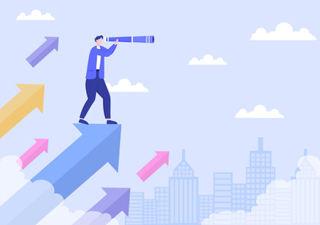 Business Vision And Target By Holding Binoculars Towards Career Success. Vector Illustrationのイラスト素材