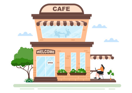 Cafe or Coffeehouse Illustration With Open Board, Tree, And Building Shop Exterior. Flat Design Conceptのイラスト素材