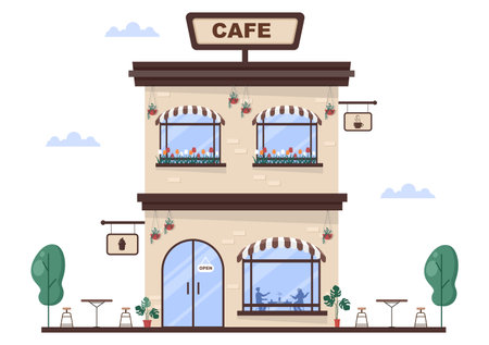 Cafe or Coffeehouse Illustration With Open Board, Tree, And Building Shop Exterior. Flat Design Conceptのイラスト素材