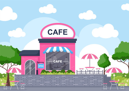 Cafe Illustration With Open Board, Tree, And Building Shop Exterior. Flat Design Conceptのイラスト素材
