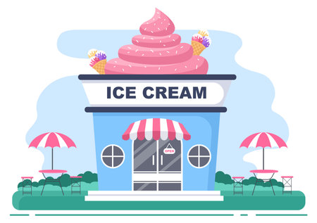 Ice Cream Shop Illustration With Open Board, Tree, And Building Store Exterior. Flat Design Conceptのイラスト素材