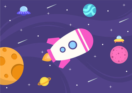 Astronaut With Rocket Illustration For Explore In Outer Space And Movement To See Stars, Moon, Planets Or Asteroidsのイラスト素材