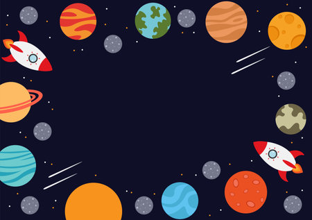 Astronaut With Rocket Background Illustration For Explore In Outer Space And Movement See Stars, Moon, Planets, Ufo Or Asteroidsのイラスト素材