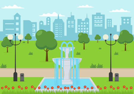 City Park Illustration For People Doing Sport, Relaxing, Playing Or Recreation With Green Tree And Lawn. Scenery Urban Backgroundのイラスト素材