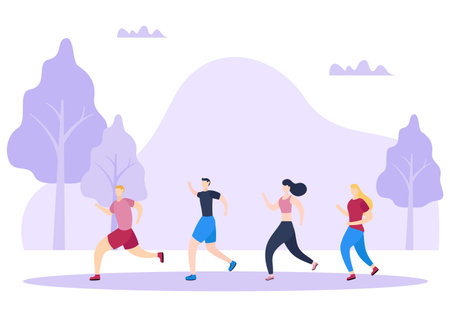 Jogging or Running Sports Background Illustration Men and Women for Active Body, Healthy Lifestyle, Outdoor Activitiesのイラスト素材
