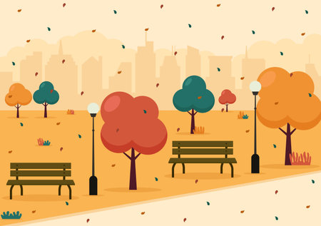 Autumn Background Landing Page Illustration Falling Leaves and Leaf Flying on the Grass. Landscape Trees With Yellow Foliage In Fall Seasonのイラスト素材