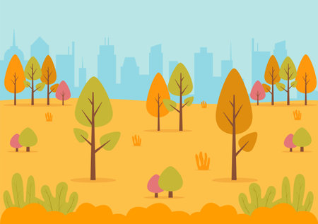 Autumn Background Landing Page Illustration Falling Leaves and Leaf Flying on the Grass. Landscape Trees With Yellow Foliage In Fall Seasonのイラスト素材