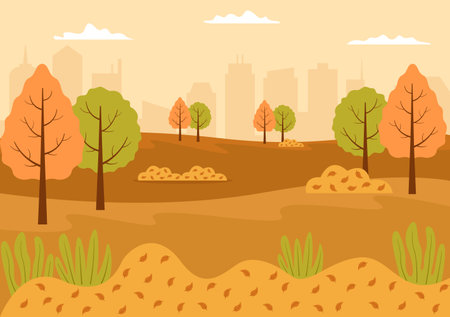 Autumn Background Landing Page Illustration Falling Leaves and Leaf Flying on the Grass. Landscape Trees With Yellow Foliage In Fall Seasonのイラスト素材