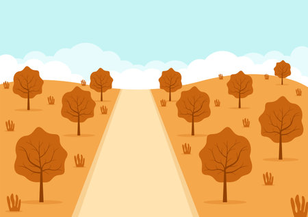 Autumn Background Landing Page Illustration Falling Leaves and Leaf Flying on the Grass. Landscape Trees With Yellow Foliage In Fall Seasonのイラスト素材
