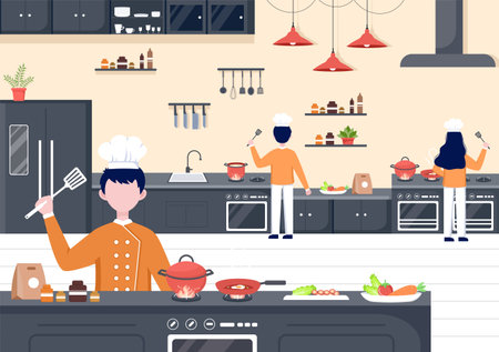 Chef Is Cooking In The Kitchen With Tray, ingredients or Different Meals. Interior Furniture And Utensils Background Landing Page Illustrationのイラスト素材