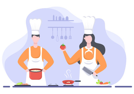 Chef Is Cooking In The Kitchen With Tray, ingredients or Different Meals. Interior Furniture And Utensils Background Landing Page Illustrationのイラスト素材