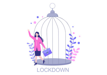 Lockdown To Stop COVID-19 Coronavirus With Cage or Virus Barrier Tape Over The City In Normal Operation. Background Landing Page Illustrationのイラスト素材