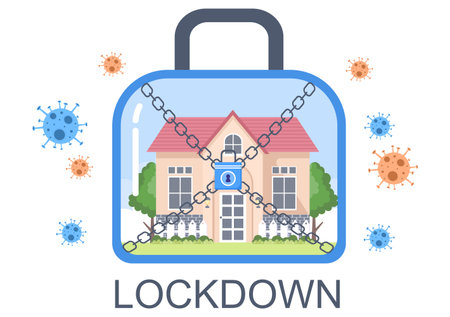 Lockdown To Stop COVID-19 Coronavirus With Cage or Virus Barrier Tape Over The City In Normal Operation. Background Landing Page Illustrationのイラスト素材