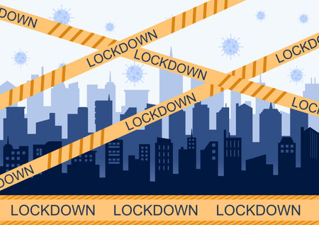 Ilustración de Lockdown To Stop COVID-19 Coronavirus With Cage or Virus Barrier Tape Over The City In Normal Operation. Background Landing Page Illustration - Imagen libre de derechos