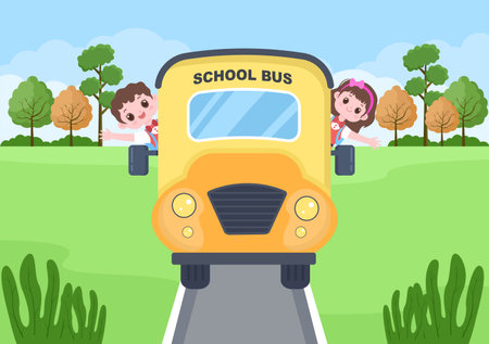 Back To School, Modern Building and Bus in the Front Yard With Some Children. Background Landing...