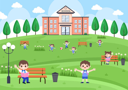 Back To School, Modern Building and Some Children Are Playing In The Front Yard. Background Landing Page Illustrationのイラスト素材