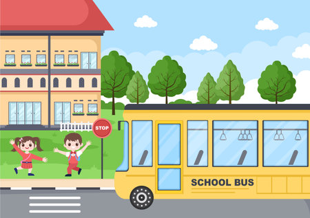 Back To School, Modern Building and Bus in the Front Yard With Some Children. Background Landing Page Illustrationのイラスト素材