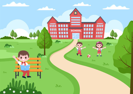 Back To School, Modern Building and Some Children Are Playing In The Front Yard. Background Landing Page Illustrationのイラスト素材