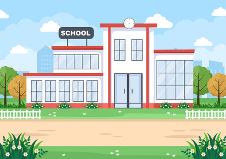 Back To School, Modern Building and View Front Yard With Green Grass And Trees. Background Landing Page Illustrationのイラスト素材