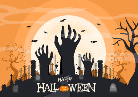 Halloween Night Party Landing Page Illustration With Witch, Haunted House, Pumpkins, Bats and Full Moon. For Background, Banner, Wallpaper, or Brochureのイラスト素材