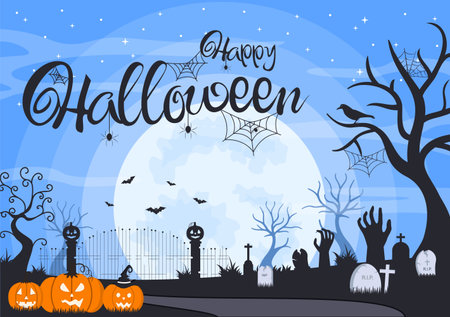Halloween Night Party Landing Page Illustration With Witch, Haunted House, Pumpkins, Bats and Full Moon. For Background, Banner, Wallpaper, or Brochureのイラスト素材