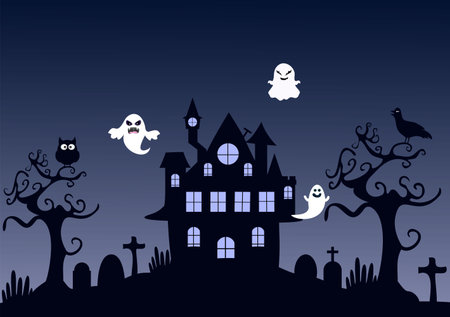 Halloween Night Party Landing Page Illustration With Witch, Haunted House, Pumpkins, Bats and Full Moon. For Background, Banner, Wallpaper, or Brochureのイラスト素材