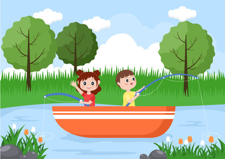 Children Fishing Fish By The River While Enjoying Quality Time At Summer Day With Hill Or Mountain View. Background Vector Illustrationのイラスト素材