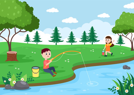 Children Fishing Fish By The River While Enjoying Quality Time At Summer Day With Hill Or Mountain View. Background Vector Illustrationのイラスト素材