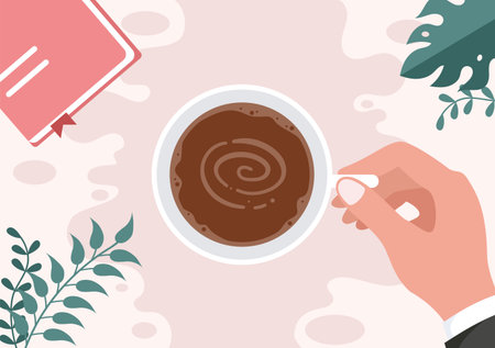 Coffee Cup Background Vector Flat Illustration With Cacao Beans, Grains and Jug. Suitable For Cold Or Hot Drinksのイラスト素材