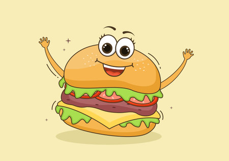 Cute Burger Fast Food Background Vector Illustration With Refreshing Ingredients. Tasty Image Meal in Flat Style Designのイラスト素材