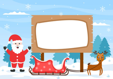 Merry Christmas With Santa Claus or Snowman Cartoon Character And Some Gift Next To The Signboard. For Greeting Background Vector Illustrationのイラスト素材