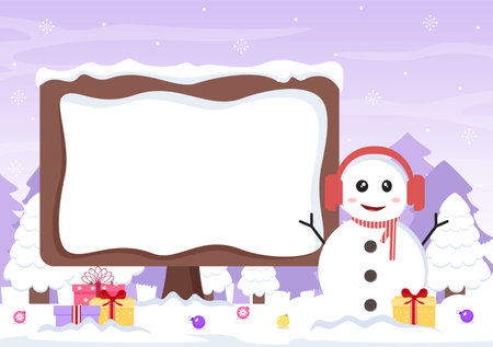 Merry Christmas With Santa Claus or Snowman Cartoon Character And Some Gift Next To The Signboard. For Greeting Background Vector Illustrationのイラスト素材