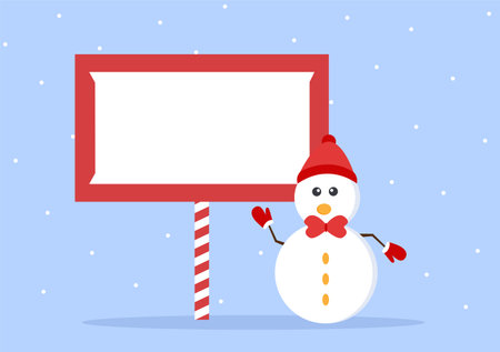 Merry Christmas With Santa Claus or Snowman Cartoon Character And Some Gift Next To The Signboard. For Greeting Background Vector Illustrationのイラスト素材