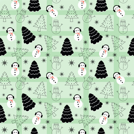 Christmas Background Seamless Pattern With Santa Claus, Tree, Socks, Snowman And Gifts For Landing Page, Wallpaper Or Decorationのイラスト素材