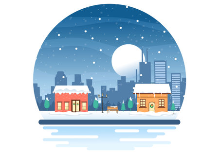 Winter Landscape With House Background, Panorama Snowfall, Town, Trees Or Mountain Silhouette. Christmas and Happy New Year Vector Illustrationのイラスト素材