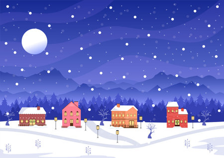 Winter Landscape With House Background, Panorama Snowfall, Town, Trees Or Mountain Silhouette. Christmas and Happy New Year Vector Illustrationのイラスト素材