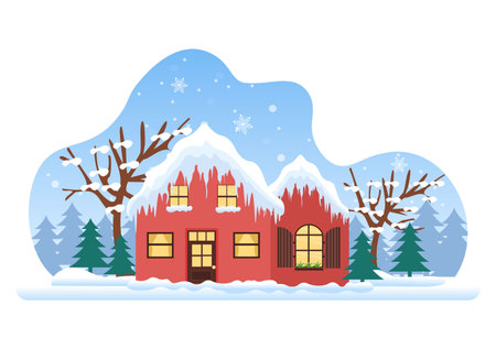 Winter Landscape With House Background, Panorama Snowfall, Town, Trees Or Mountain Silhouette. Christmas and Happy New Year Vector Illustrationのイラスト素材