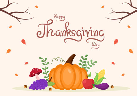 Happy Thanksgiving Celebration with Cartoon Turkey, Leaves, Chicken, Pumpkin and Other For Decoration or Background Vector Illustrationのイラスト素材