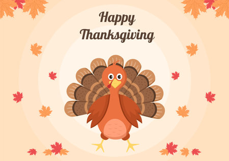 Happy Thanksgiving Celebration with Cartoon Turkey, Leaves, Chicken, Pumpkin and Other For Decoration or Background Vector Illustrationのイラスト素材