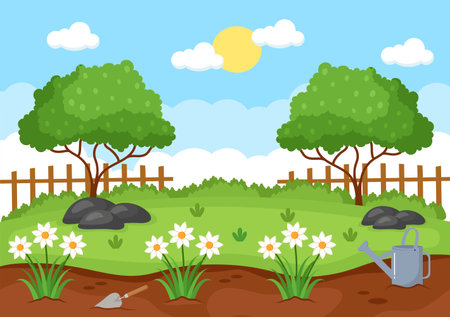 Farm Gardener Background Vector Illustration With A Landscape Of Gardens, Flowers, Vegetables Planted, Wheelbarrow, Shovel And Equipment in Flat Design Styleのイラスト素材