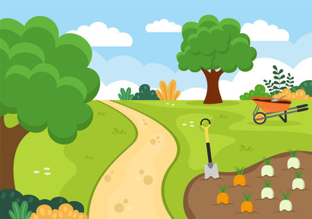 Farm Gardener Background Vector Illustration With A Landscape Of Gardens, Flowers, Vegetables Planted, Wheelbarrow, Shovel And Equipment in Flat Design Styleのイラスト素材
