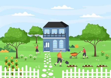 Farm Gardener Background Vector Illustration With A Landscape Of Gardens, Flowers, Vegetables Planted, Wheelbarrow, Shovel And Equipment in Flat Design Styleのイラスト素材